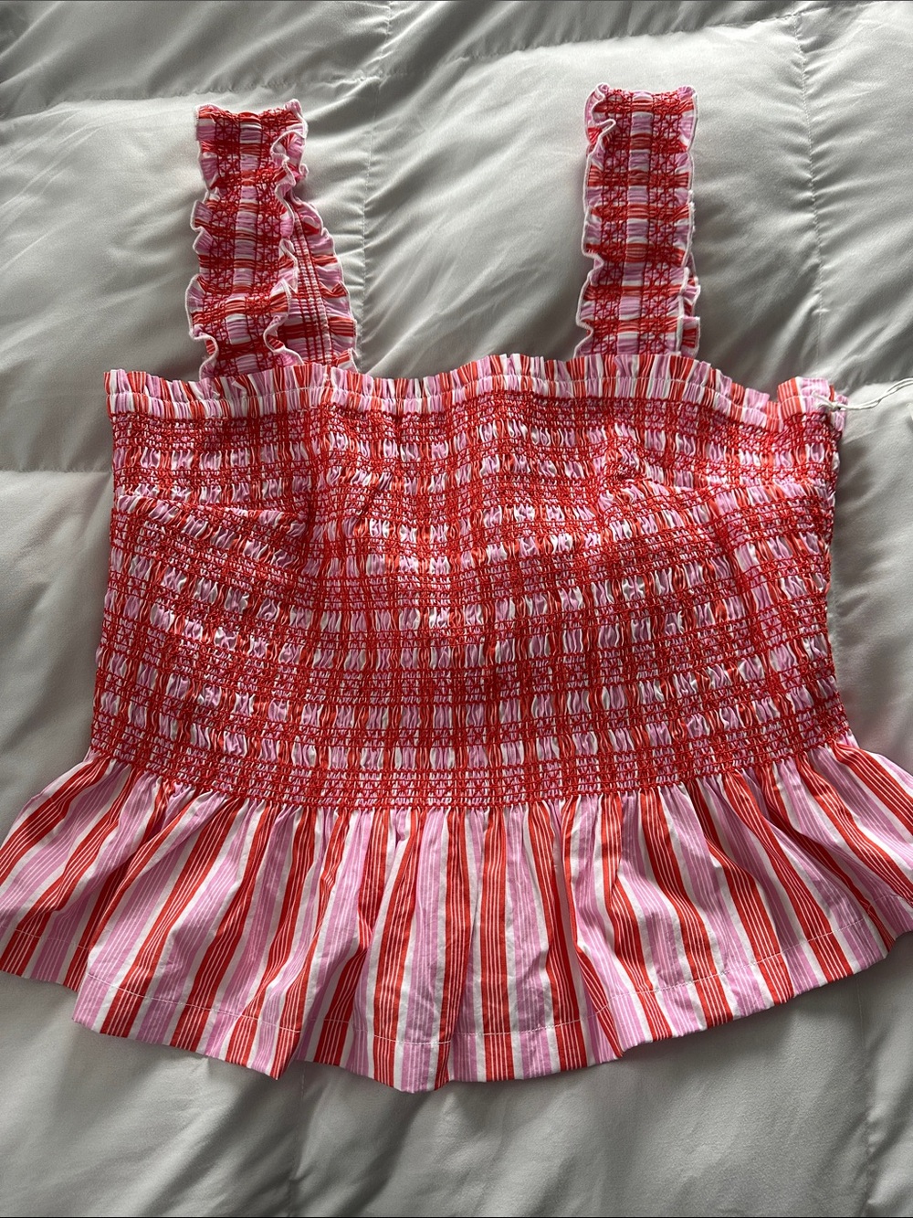 Smocked Ruffle-Strap Camisole Top - Pink & Red